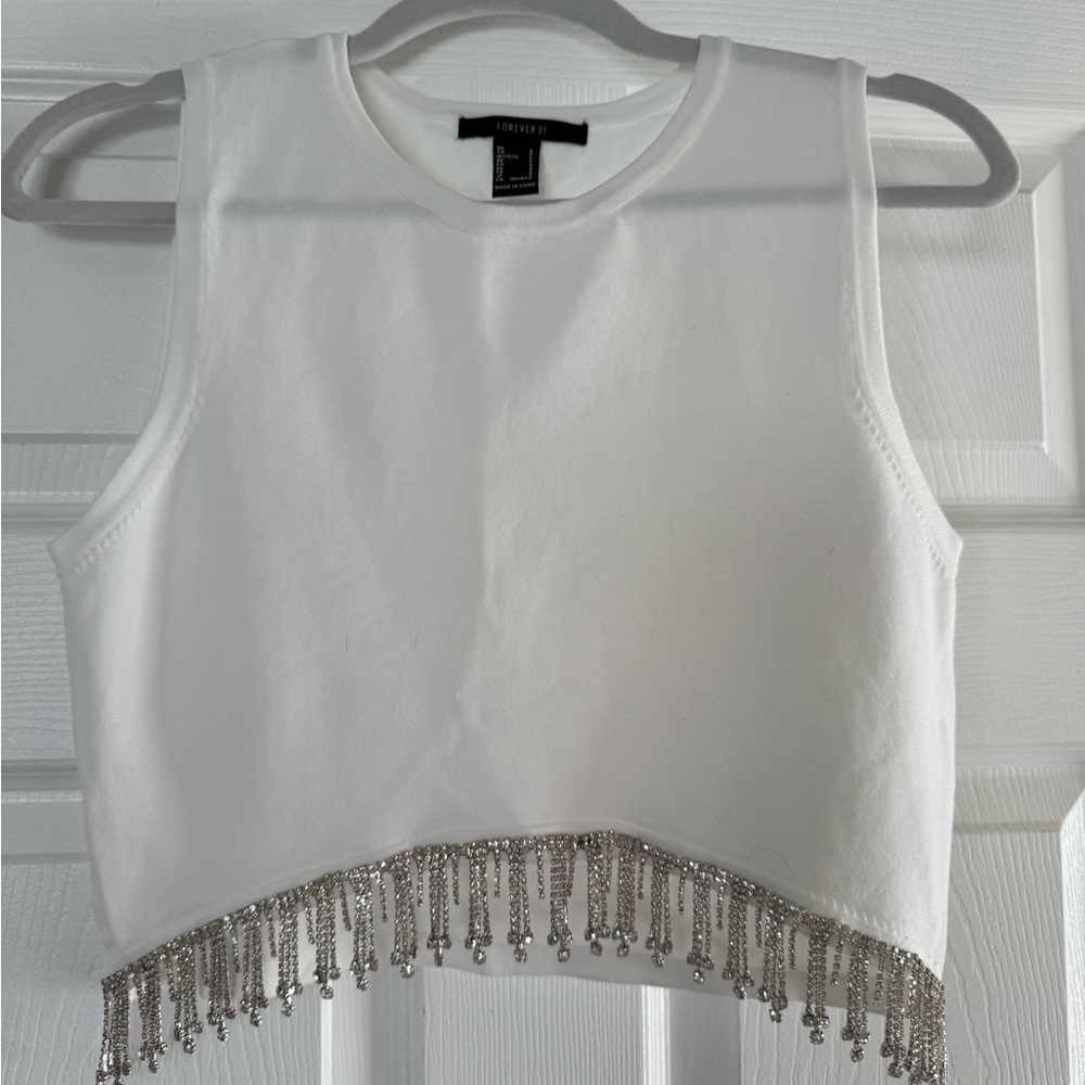 Forever 21 White Tank Top with Silver Rhinestone Fringe
